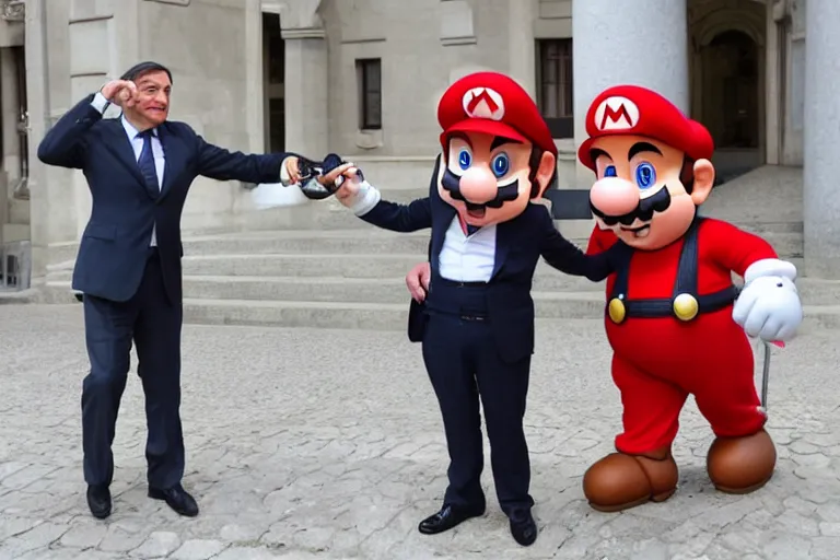 Image similar to sword fight between Mario Draghi and Masha and the Bear