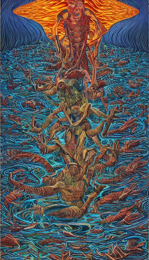 Image similar to man on boat crossing a body of water in hell with creatures in the water, sea of souls, by alex grey,