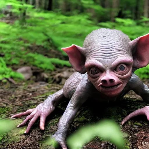 Prompt: gollum with body of a pig, rainy forest , trail cam