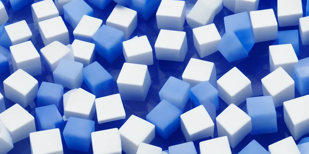 Prompt: floating blue and white plastic cubes against a grey background, octane render, beautiful, 4 k, hdr lighting, glossy, depth of field, ultrawide