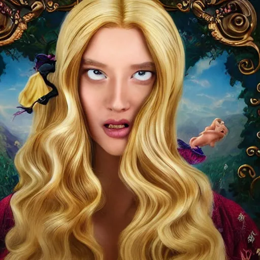 Image similar to disney princess with long blonde hair wearing elegant silk dress yelling at xbox : : weta disney pixar movie still photo : : hi - fructose, decadent highly - detailed digital painting, symmetrical face, golden ratio, octane render, artstation, smooth, sharp focus, artgerm, mucha, loish, wlop