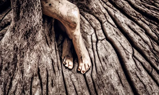 Image similar to close-up of a crying ancient dried up Danu, peaceful, facing the camera and standing in front of a dried up river in a desolate land, dead trees, blue sky, hot and sunny, highly-detailed, elegant, dramatic lighting, artstation, 4k, cinematic landscape, photograph by Elisabeth Gadd