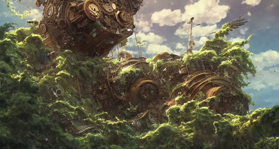 Image similar to broken collided steampunk flying ship taken by ferns and vines, highly detailed, sharp focus, matte painting, by studio ghibli, by giovani magana,