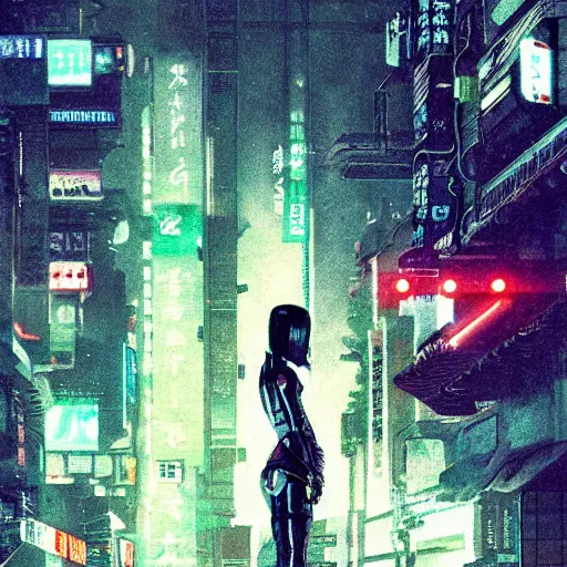 Image similar to japanese cyberpunk cyborg, wide shot, finely detailed features, glowing lights!, dramatic cinematic, night, at cyberpunk city, ghost in the shell, akira, noir, trending on pixiv fanbox, manga!, heavy metal!, painted by greg rutkowski makoto shinkai takashi takeuchi craig mullins, alphonse mucha, studio ghibli, pixiv