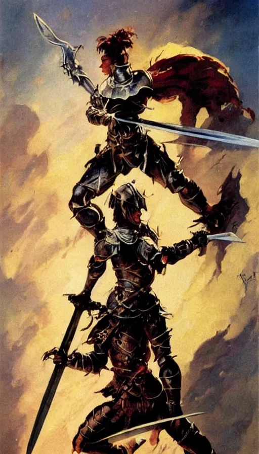 Image similar to fantasy painting by Frank Frazetta portraying a female knight in armor,wielding a sword,high quality,beautiful,detailed