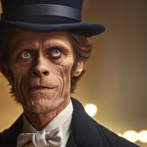 Image similar to willem dafoe as a man in a dark blue trenchcoat and tophat as the new doctor who, cinematic, volumetric lighting, f 8 aperture, cinematic eastman 5 3 8 4 film, photorealistic