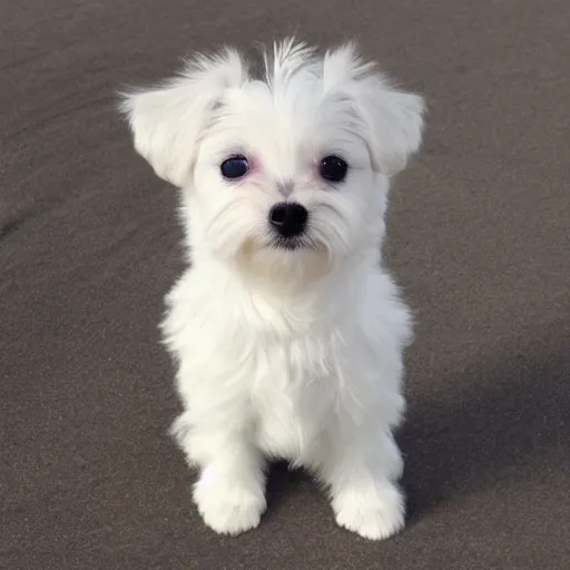 Prompt: photo of white maltese puppy dog staring into camera, photorealistic