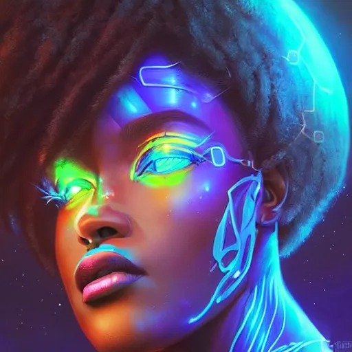 Prompt: african neon goddess, science fiction, highly detailed, digital painting, beautiful eyes, symmetry, concept art, sharp focus, illustration, global illumination, radiant light, synthwave colors, detailed and intricate environment, art by artgerm and greg rutkowski and magali villeneuve and ilya kuvshinov!