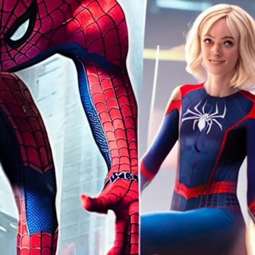 Image similar to Spider-Man stands next to Spider-Gwen, Marvel Cinematic Universe