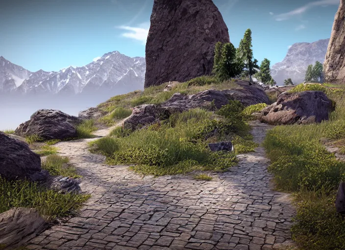 Image similar to pathway between mountains, rocks unreal engine render