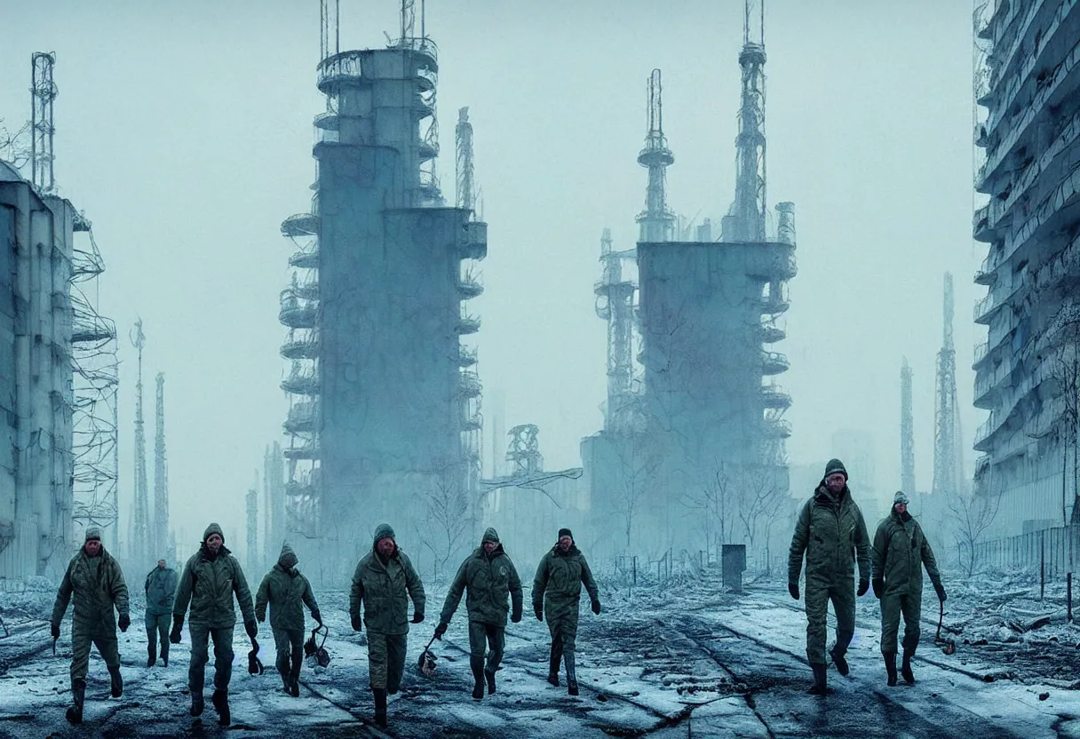 Prompt: chernobyl liquidators walking in postapocalyptic winter cityscape, 4 k, high quality, sharp focus, ultra high definition, ultra detailed, symmetry, fog, matte painting, by greg rutkowski and ross tran and wlop