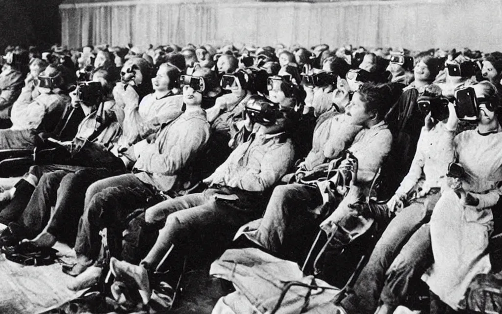 Image similar to 1 9 0 0 s photo of people using iphones ipods virtual reality headsets vr watching hd tv in a movie theater