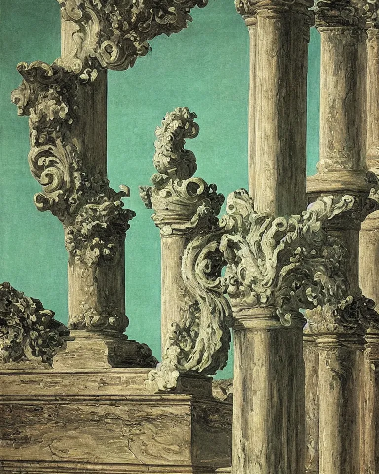 Image similar to achingly beautiful painting of intricate ancient roman corinthian capital on jade background by rene magritte, monet, and turner. giovanni battista piranesi.