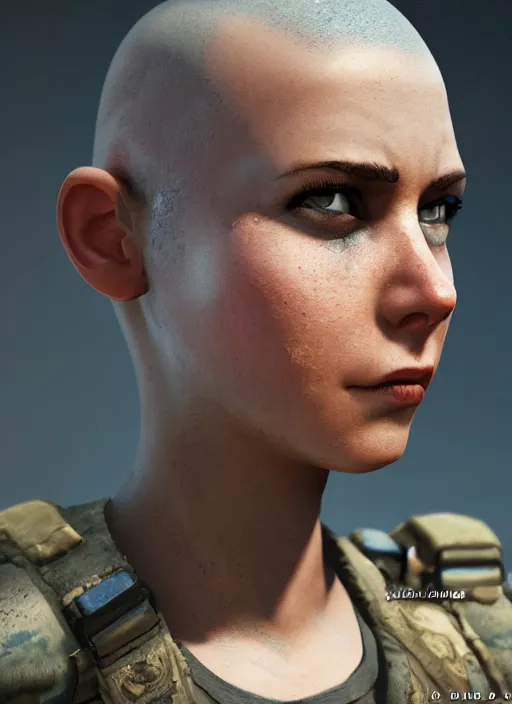 Prompt: A comic book style portrait painting of a female soldier with shaved head in a post apocalyptic setting, unreal 5, DAZ, hyperrealistic, octane render, RPG portrait, dynamic lighting