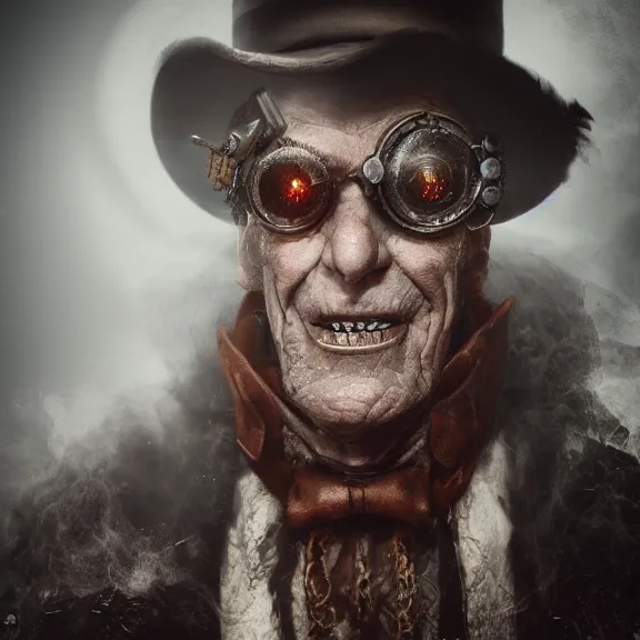 Prompt: a portrait of a steampunk elderly man as a demon on hell, dark, foggy, eerie, splash, sparkle, smoke, particles, octane render, unreal engine, artstation, digital art.