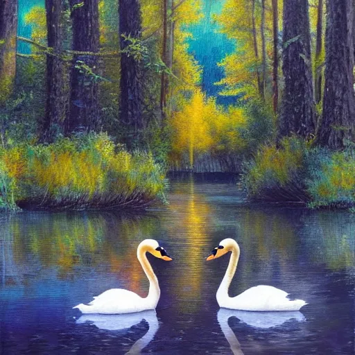 Image similar to painting of a small lake with two swans in it, in a forest, blue water, stunning colors, fairytale