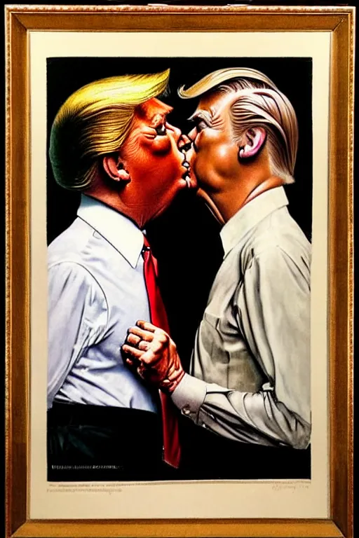 Image similar to norman rockwell painting of gay donald trump kissing a second donald trump