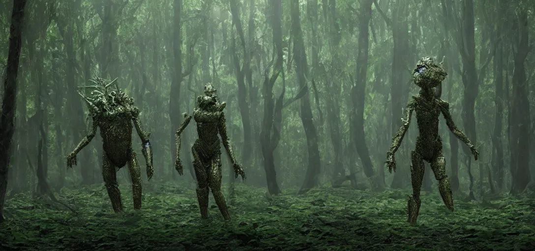 Prompt: a complex organic fractal 3 d metallic symbiotic ceramic humanoid megastructure creature in a swampy lush forest, foggy, sun rays, cinematic shot, photo still from movie by denis villeneuve, wayne barlowe, close - up