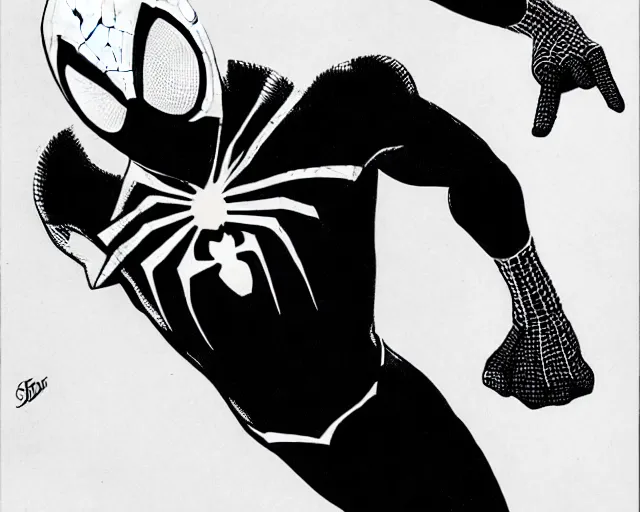 Image similar to photorealistic sketch of black spider - man with gold webbing by steve ditko