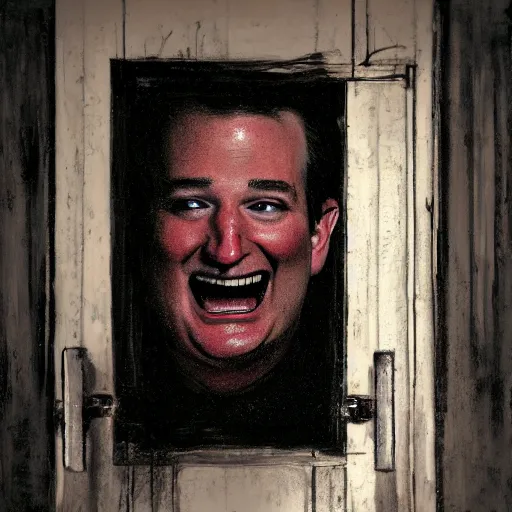 Prompt: Ted Cruz with a wide grin wielding a chainsaw peaking through a door in the distance at the end of a narrow corridor, black and white, creepy lighting, scary, horror, ornate, eerie, fear, oil painting