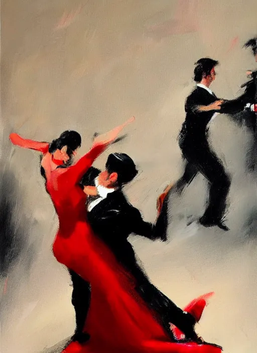 Prompt: tango dancers in red dress and black suit, painting by phil hale, fransico goya,'action lines '!!!, graphic style, visible brushstrokes, motion blur, blurry, visible paint texture, crisp hd image