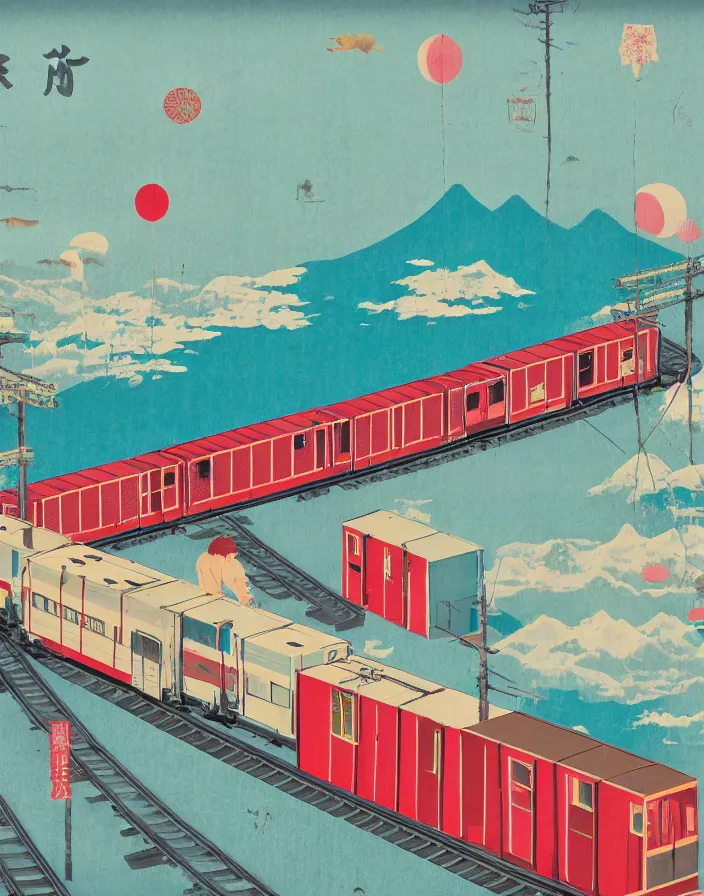 Image similar to seaside tail train rural japan, a collage painting, in the style of wes anderson, lola dupre, david hockney, isolated on negative white space background dark monochrome fluorescent spraypaint accents volumetric octane render, not double decker