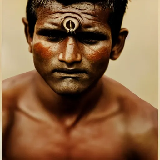 Image similar to color photo, closer up portrait of indian kushti wrestler by richard avedon, realistic, Leica, medium format, cinematic lighting, parallax, high resolution,