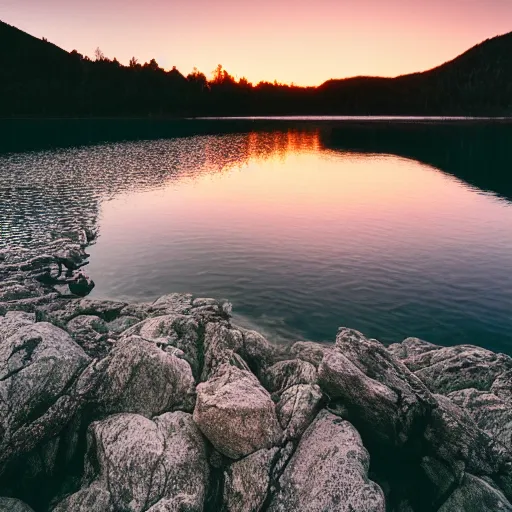 Image similar to cinematic wide shot of a lake with a rocky foreground, sunset, a bundle of rope is in the center of the lake, leica, 2 4 mm lens, 3 5 mm kodak film, f / 2 2, anamorphic