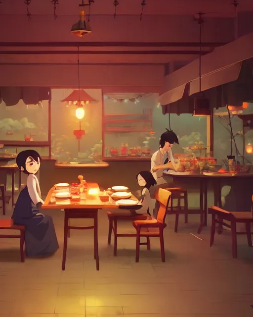 Prompt: chinese buffet in a homely little restaurant, cory loftis, james gilleard, atey ghailan, makoto shinkai, goro fujita, studio ghibli, rim light, exquisite lighting, clear focus, very coherent, plain background, soft painting