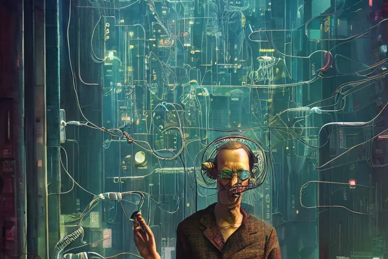 Image similar to man with wires on his head and a cigarette in his mouth, cyberpunk art by daniel merriam, behance contest winner, panfuturism, circuitry, darksynth, future tech