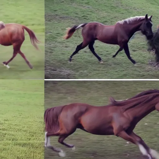 Image similar to 4 progressive frames of a horse running frame - by - frame from the same video clip