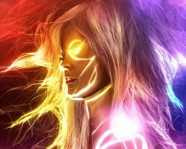 Image similar to glowing hair, complex cybernetic beings, *, * * *, * * * * *