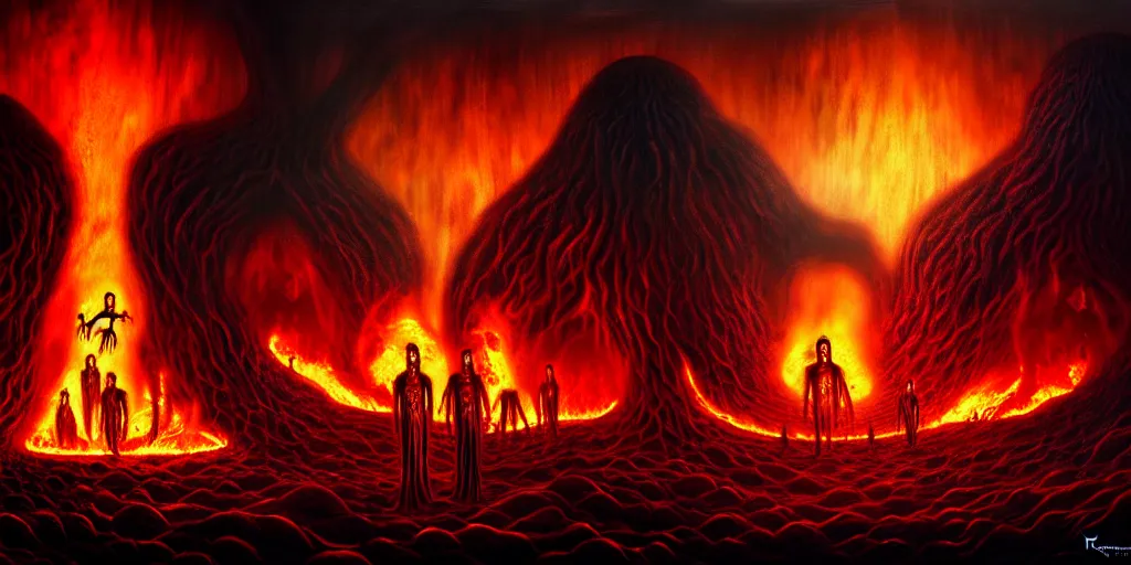 Image similar to repressed emotion creatures and monsters at the mouth of hell, dramatic lighting glow from giant fire, attempting to escape and start a revolution, in a dark surreal painting by ronny khalil