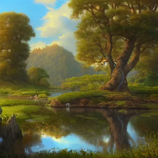 Image similar to A detailed painting of an idyllic pond with a giant tree on an island in the middle by Justin Gerard, Trending on artstation