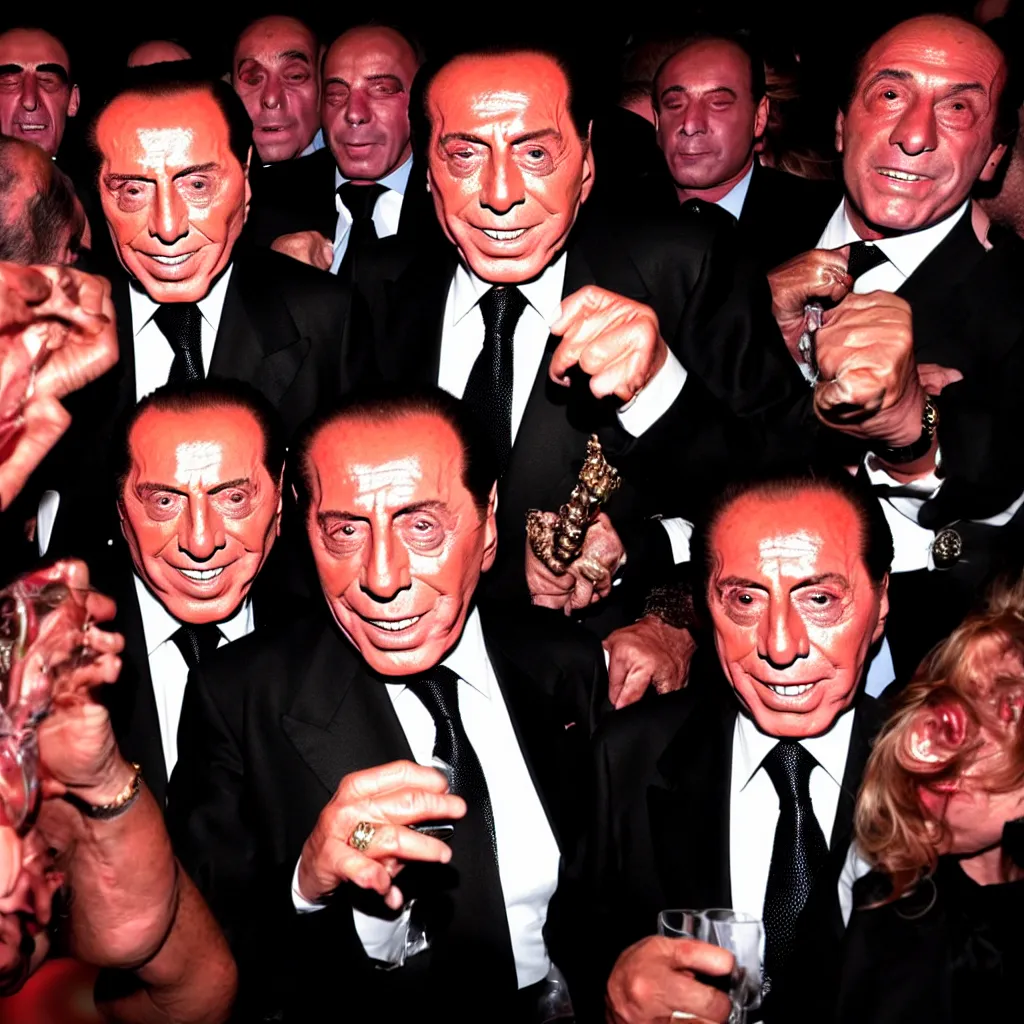 Prompt: Silvio Berlusconi partying at bassiani club with gorillas, goblins and fairies, wide-angle lense, 4k,
