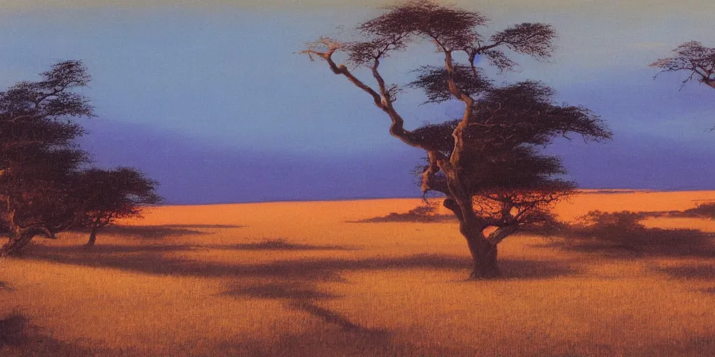Image similar to painting of the savannah at golden hour by kitano tsunetomi, 1 9 3 9