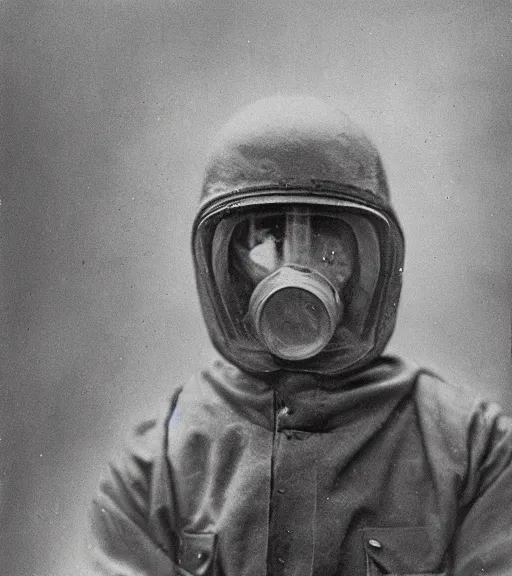 Prompt: man in a anti-radiation hazmat suit, ww1 film photo, grainy, high detail, high resolution