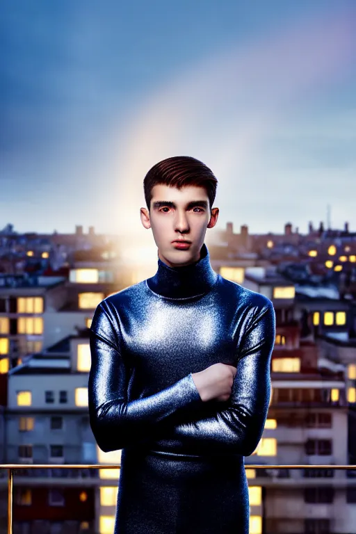 Image similar to un ultra high definition studio quality photographic art portrait of a young man standing on the rooftop of a british apartment building wearing soft padded silver pearlescent clothing. three point light. extremely detailed. golden ratio, ray tracing, volumetric light, shallow depth of field. set dressed.