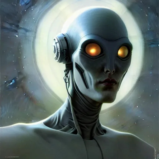 Image similar to grey alien, friendly peaceful, heroic lighting, sci-fi, intricate, elegant, highly detailed, lifelike, photorealistic, digital painting, artstation, illustration, concept art, smooth, sharp focus, art by John Collier and Albert Aublet and Krenz Cushart and Artem Demura and Alphonse Mucha