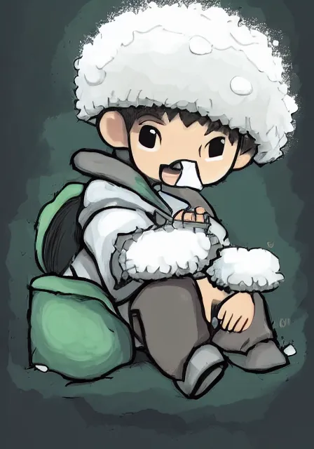 Prompt: little boy wearing sheep suit playing a flute sitting on bed. white, gray, blue, green and brown pallet color. made in abyss art style, inspired in kris from deltarrune, cute detailed artwork, anatomically correct