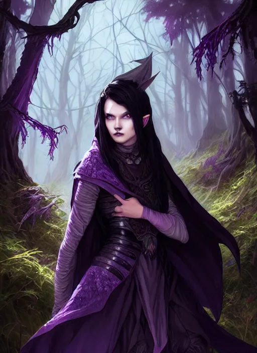Prompt: portrait dark witch, adventurer outfit large cloak, fantasy forest landscape, dragon scales, fantasy magic, undercut hairstyle, short purple black fade hair, dark light night, intricate, elegant, sharp focus, illustration, highly detailed, digital painting, concept art, matte, art by wlop and artgerm and greg rutkowski and alphonse mucha, masterpiece