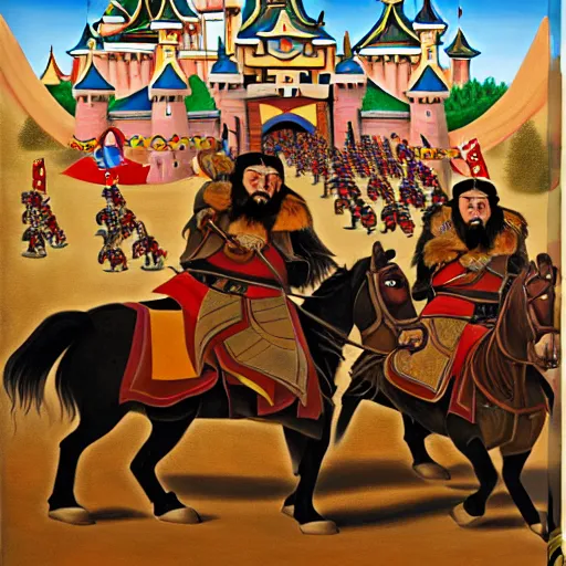 Prompt: genghis khan and his mongol horde ransacking disneyland, oil on canvas