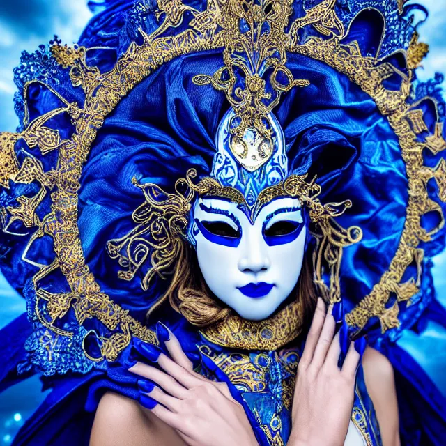 Image similar to beautiful!! elemental sky witch with intricate ornate blue and white robes and venetian mask and sky powers highly detailed 8 k hdr smooth sharp focus high resolution award - winning photo