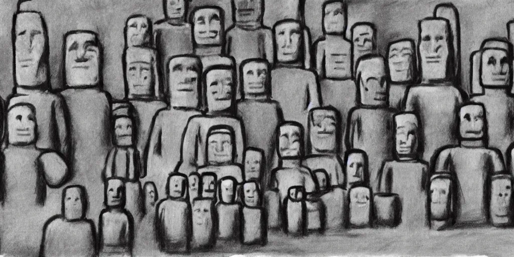 Image similar to charcoal drawing of lego minifigures as easter island heads on easter island