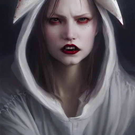 Image similar to a vampire showing her fangs, wearing a conical dunce cap and covering her eyes, ultra high detailed, oil painting, greg rutkowski, charlie bowater, yuumei, yanjun cheng, unreal 5, daz, hyperrealistic, octane render, rpg portrait, dynamic lighting