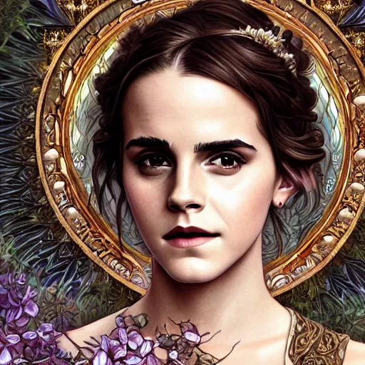 Image similar to Emma Watson as a Greek Goddess, cute, fantasy, intricate, elegant, highly detailed, digital painting, 4k, HDR, concept art, smooth, sharp focus, illustration, art by artgerm and H R Giger and alphonse mucha