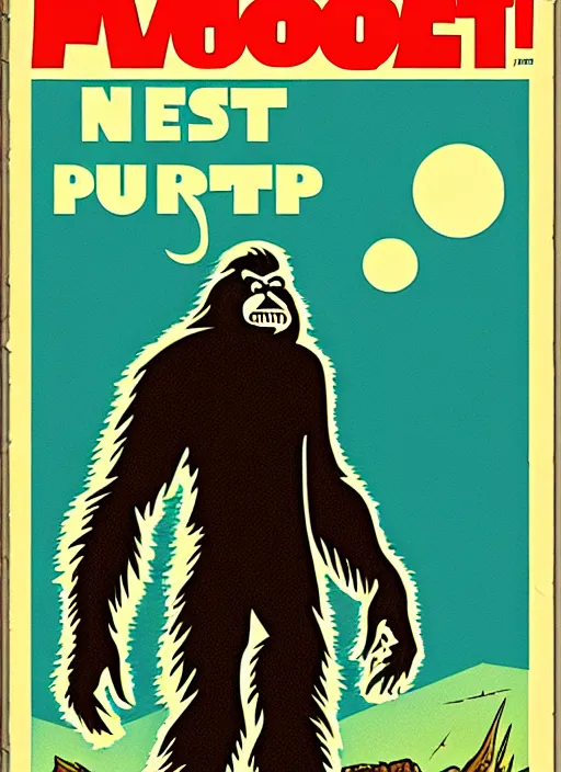 Image similar to bigfoot in retro sci fi pulp newsprint illustration cover