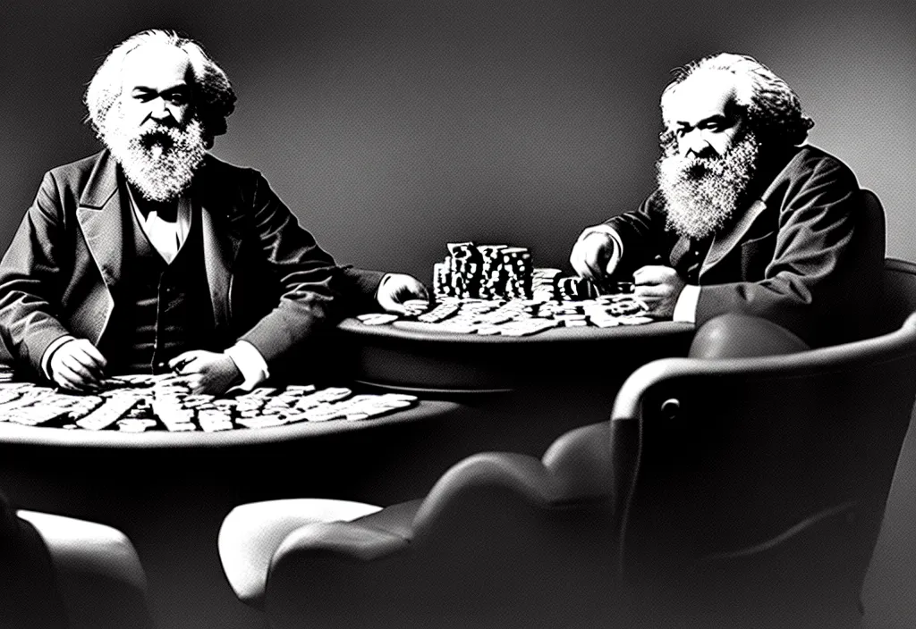 Image similar to Karl Marx playing poker against Lenine in Las Vegas, ultra HD, studio light, photorealism