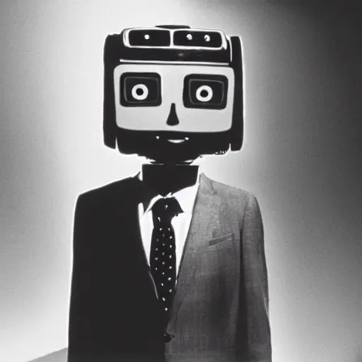 Image similar to The man with robot head, movie by David Lynch