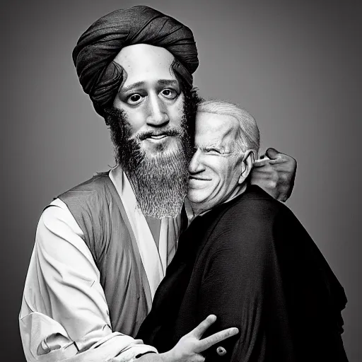 Image similar to 4 k portrait sony a 7 f 2. 8 of mark zuckerberg as a taliban leader kissing president joe biden as a taliban leader